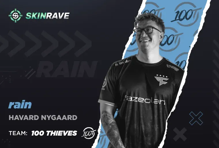 A black and white portrait of Håvard Nygaard ("rain"), the consistent Norwegian veteran. He is now identified as the IGL for 100 Thieves, as shown in the team text and background branding.
