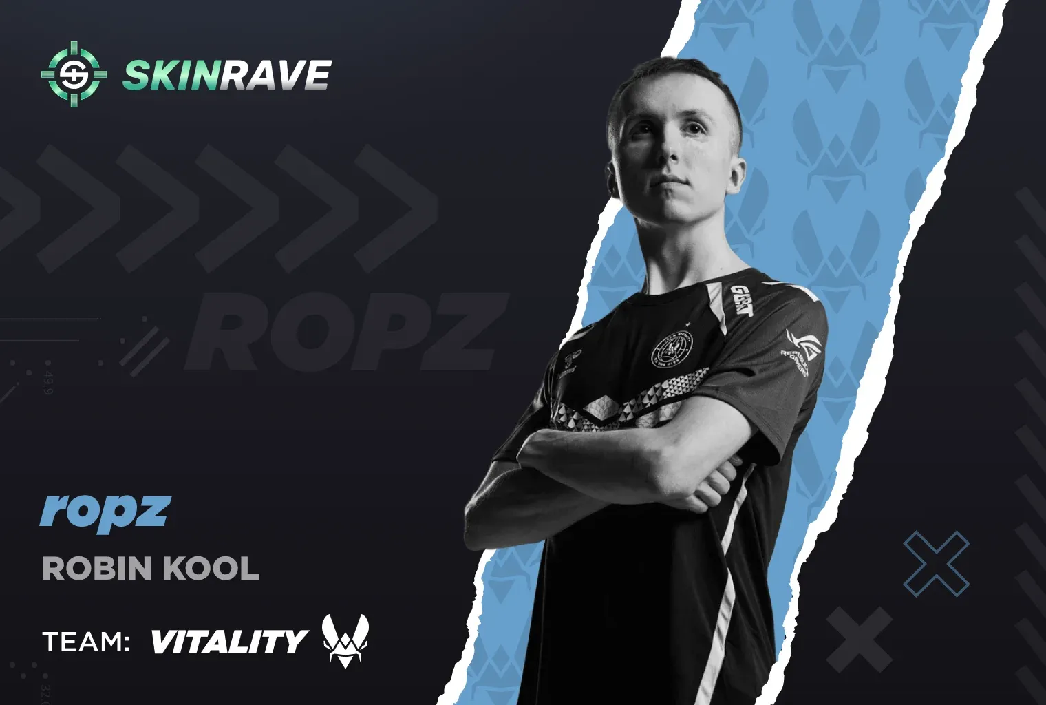 A black and white portrait of Robin Kool ("ropz"), the technically gifted Estonian rifler. He is wearing a Team Vitality jersey with his arms crossed, ranked #2 on the all-time earnings list.