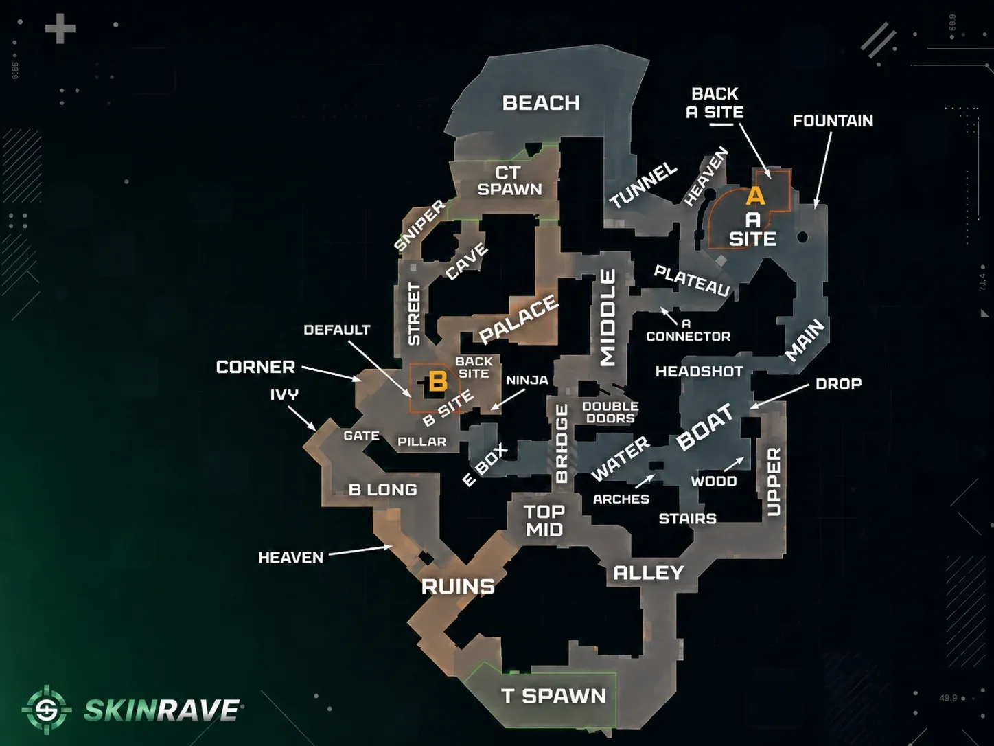 Anubis CS2 map with callouts such as T-Spawn, Plateau, B Long, Palace, A-Site, Water and more on a green-black background