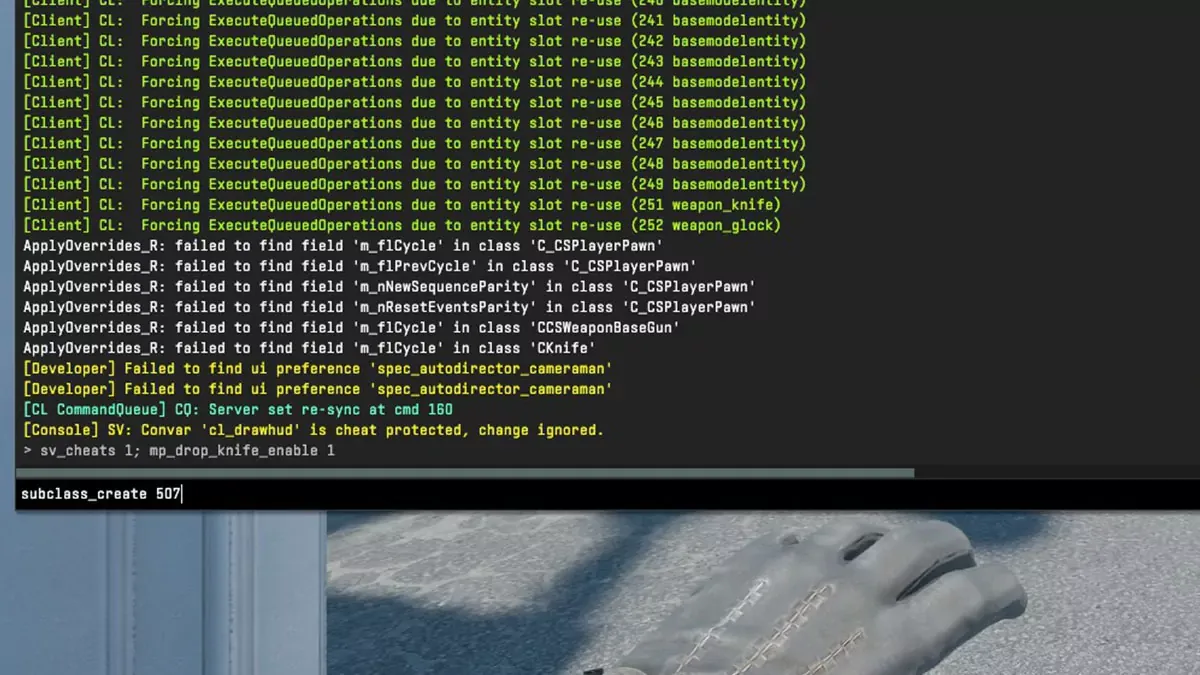 CS2 console command "subclass_create 507", which drops you a Karambit, written in the console.