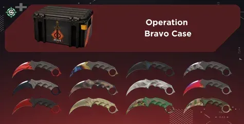 Image showing Operation Bravo Case with all Karambit finishes on a red Skinrave background