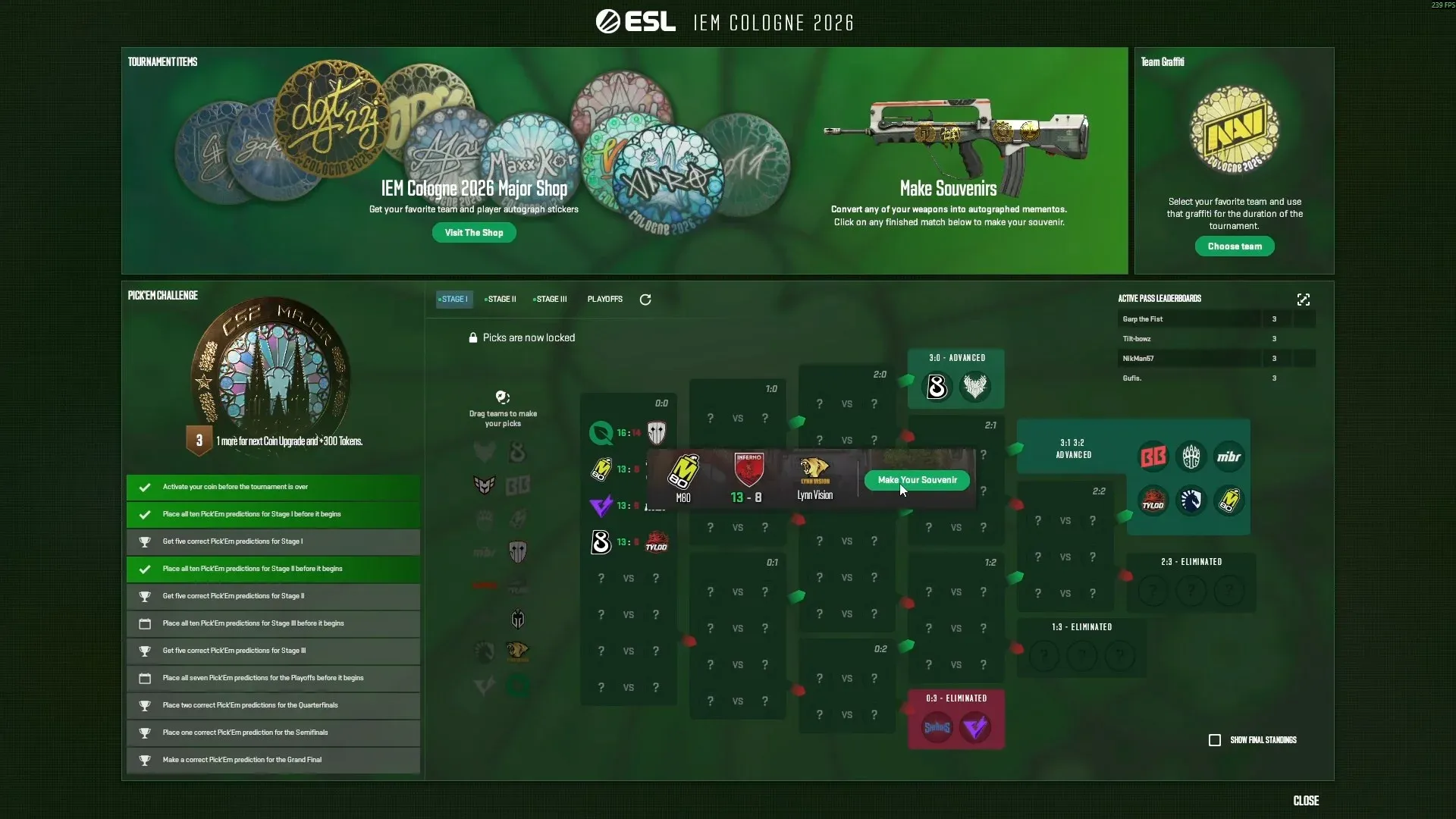 CS2 PickEm's menu with a button "Make Your Souvenir" on the M80 vs LynnVision match.