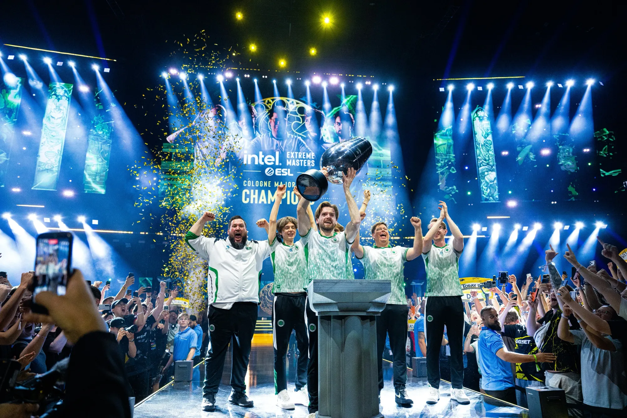 An image of CS2 Team Falcons winning IEM Cologne Major 2026 and taking the trophy.
