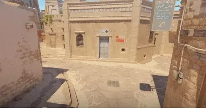 T-Spawn with Ruins on the left side and Alley on the right side, on CS2 Anubis Map