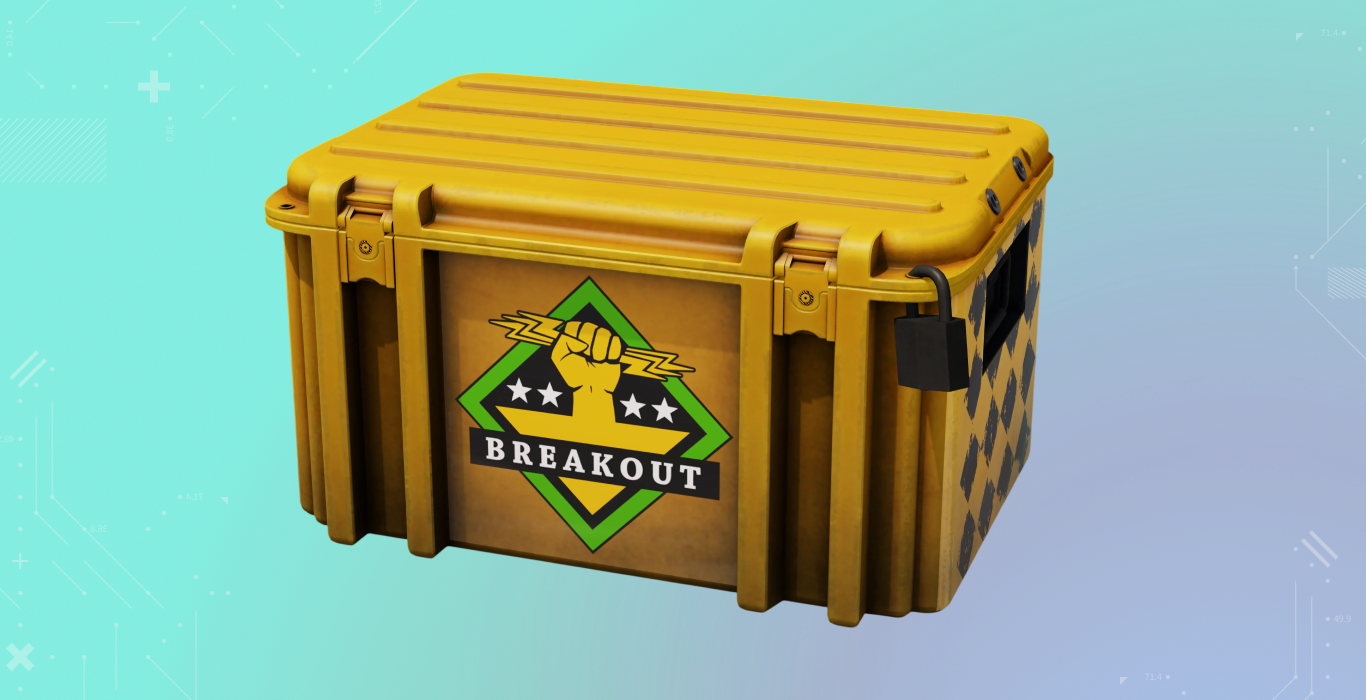 Operation Breakout Weapon Case on a blue background, the first CSGO case to introduce the Butterfly Knife,