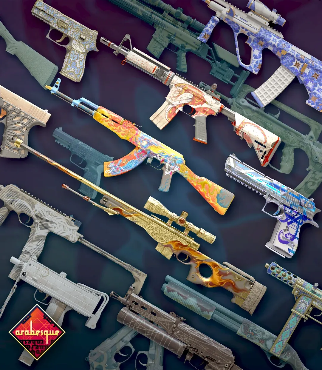New CS2 Arabesque Collection, displaying 17 new weapon finishes.