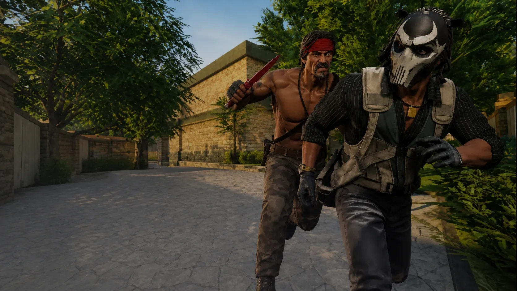 A player with a red knife pursuing another player in a custom Maniac or Hide and Seek mode.