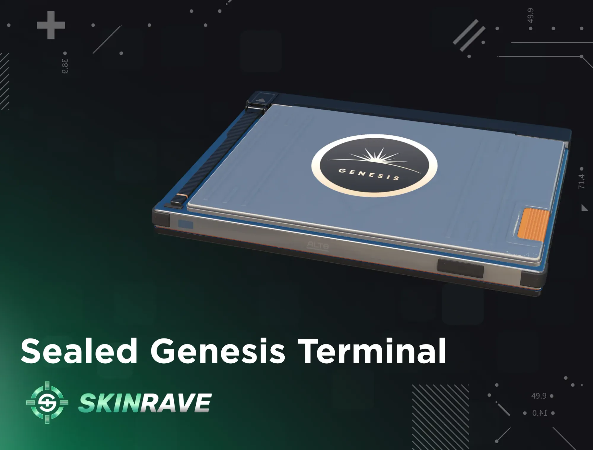 CS2 Sealed Genesis Terminal, which is the cheapest CS2 skin container, displayed on a green-and-black background.