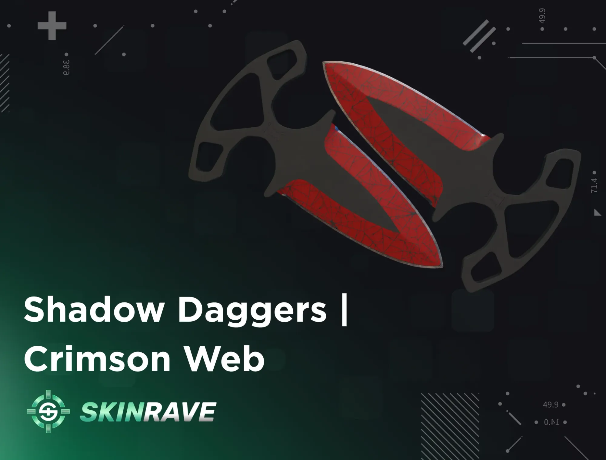 A pair of Shadow Daggers in CS2 featuring the Crimson Web finish, showcasing a glossy red blade with a distinct black spider-web pattern and dark handles