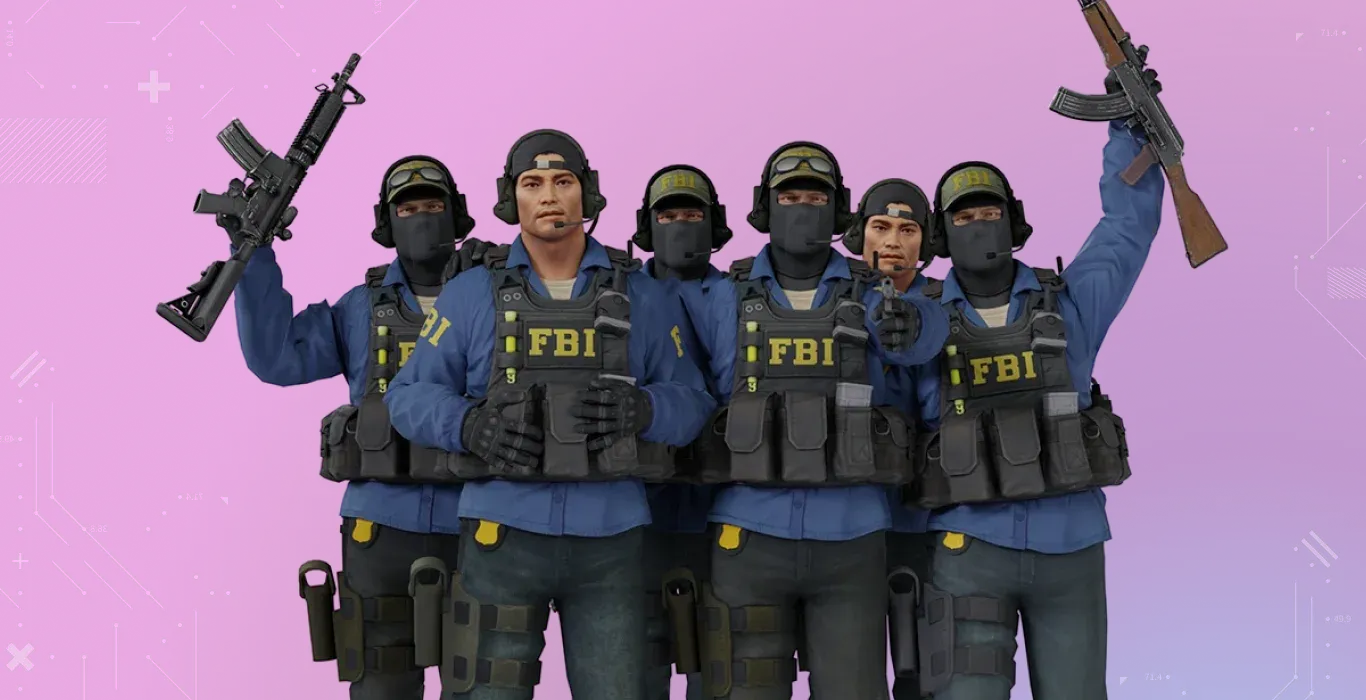 CS2 Counter-Terrorist agents standing in a line on a purple-cyan background