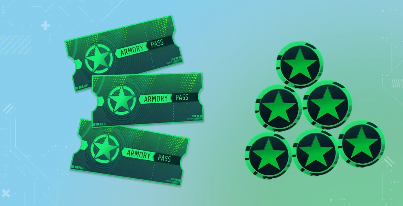 CS2 Armory Pass and Armory Stars on a cyan-green background