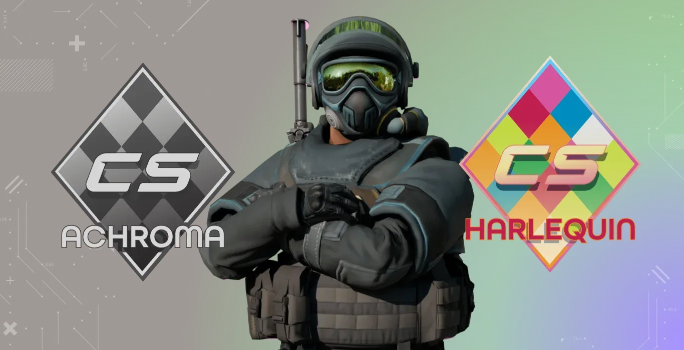 CS2 Counter-Terrorist agent choosing between Achroma and Harlequin collections on grey-green background