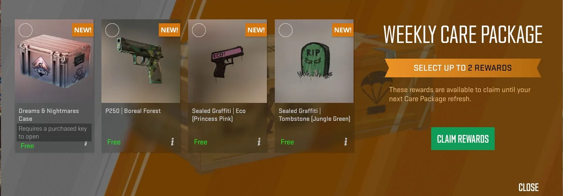 CS2 Weekly Care Package with two rewards to chose after leveling up
