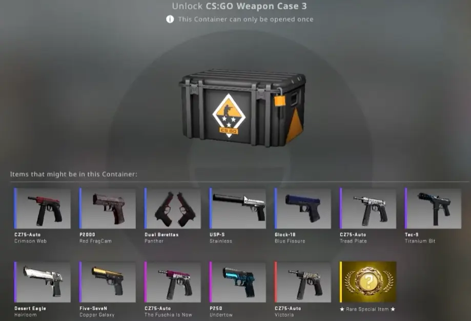 CS:GO Weapon Case 3 with its pistol skins, including the CZ75-Auto Victoria, P250 Undertow, and USP-S Stainless.