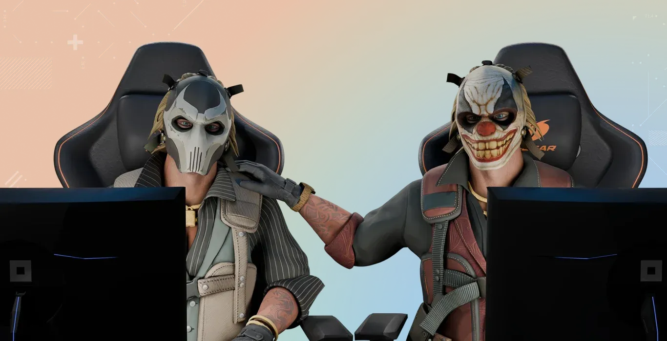 Two terrorist agents from CS2, Sir Bloody Skullhead Darryl and SIr Bloody Loudmouth Darryl connecting to CS2 on orange-cyan background