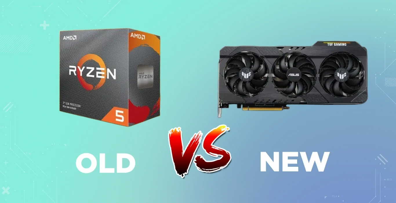 Old GPU from Ryzen vs New GPU from ASUS on a cyan-blue background