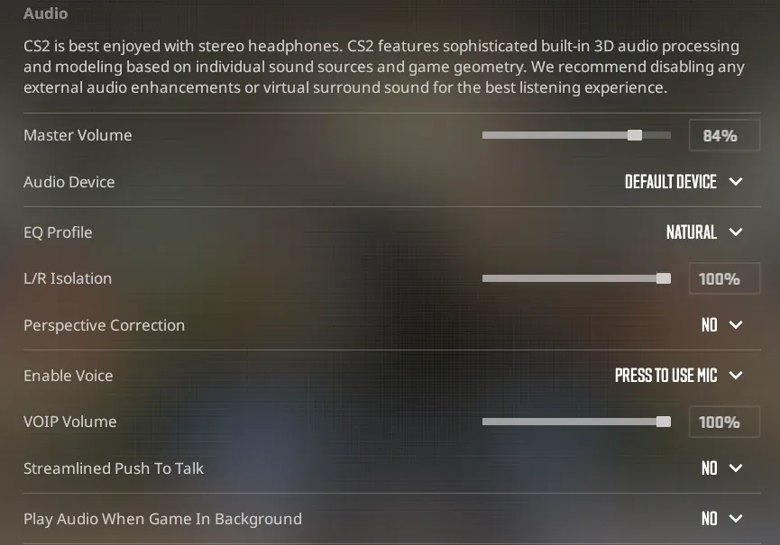 CS2 Audio Settings showing Master Volume, Audio Device and other audio settings