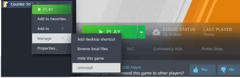 Uninstall CS2 through Steam by Managing game
