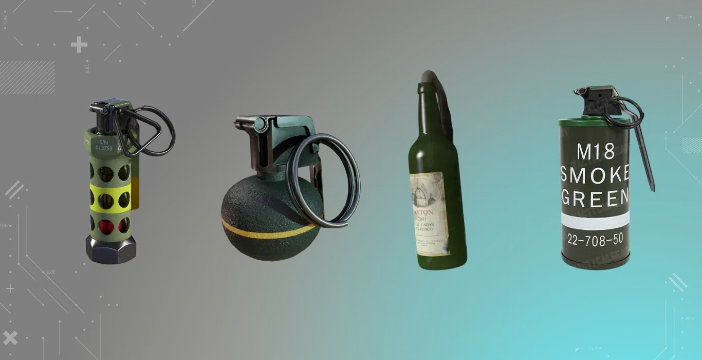 Utility types: Flashbang, HE grenade, Molotov and Smoke grenade on a cyan-black background