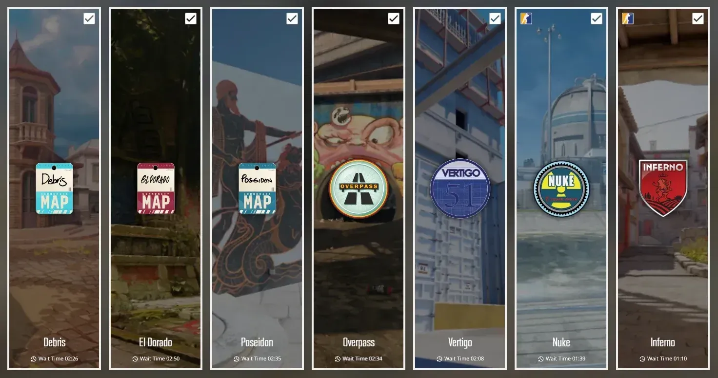 CS2 Wingman matchmaking map selection screen showing playable maps in 2026 featuring: Debris, El Dorado, Poseidon, Overpass, Vertigo, Nuke, and Inferno.