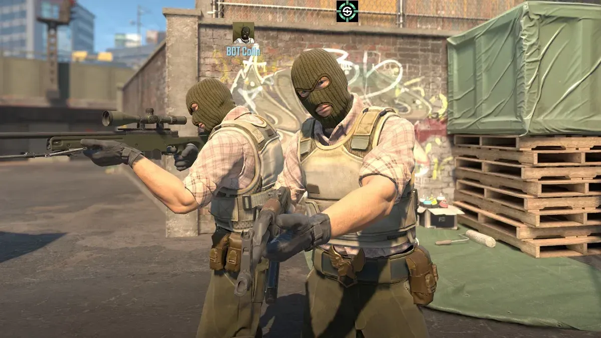 Two CS2 players in T-Spawn of CS2 map Overpass in Wingman Mode.