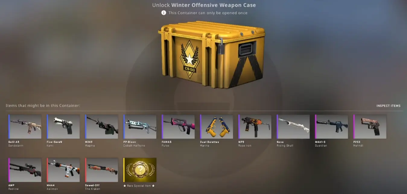 Winter Offensive Weapon Case with skins including the M4A4 Asiimov, AWP Redline, M4A1-S Guardian, and Sawed-Off Kraken.