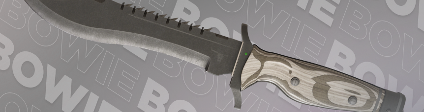 Bowie Knife | Black Laminate with a large serrated blade and a pale wood-laminate handle with dark grain stripes, shown against a grey "BOWIE" background.
