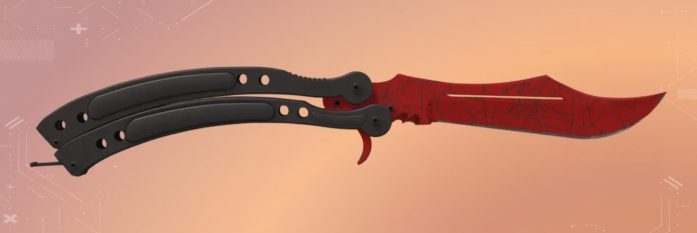 Butterfly Knife Crimson Web Factory New a semi-gloss red coating overlaid with a detailed black spiderweb pattern. StatTrak version can be one of the most expensive CS2 butterfly knife. Backgrounded by orange color.