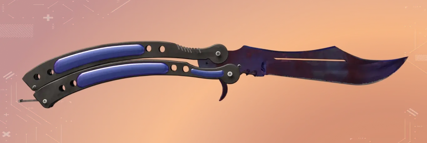 Butterfly Knife Doppler Black Pearl Factory New currently most expensive butterfly knife in CS2.Deep purple and dark blue colors around blade. Backgrounded by orange color.