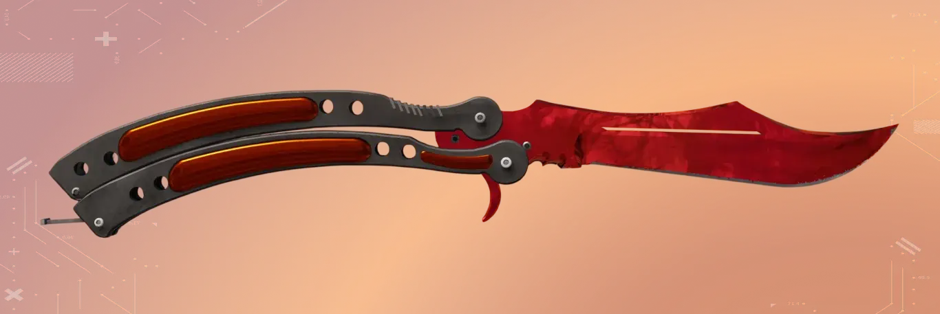 Butterfly Knife Doppler Ruby Factory new top 3 out of 10 most expensive CS2 knives. Vibrant ruby red and deep crimson colored. Backgrounded by orange color.