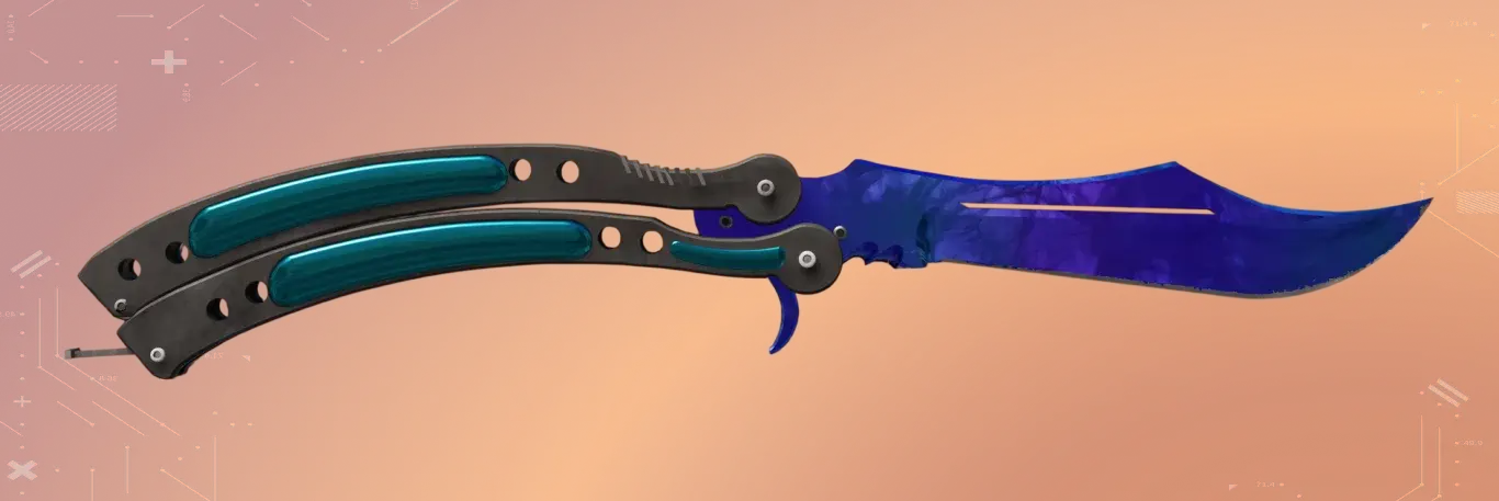 Butterfly Knife Doppler Sapphire Factory New a deep blue metallic finish remains on top most expensive CS2 knife skins list for 2026. Backgrounded by orange color.