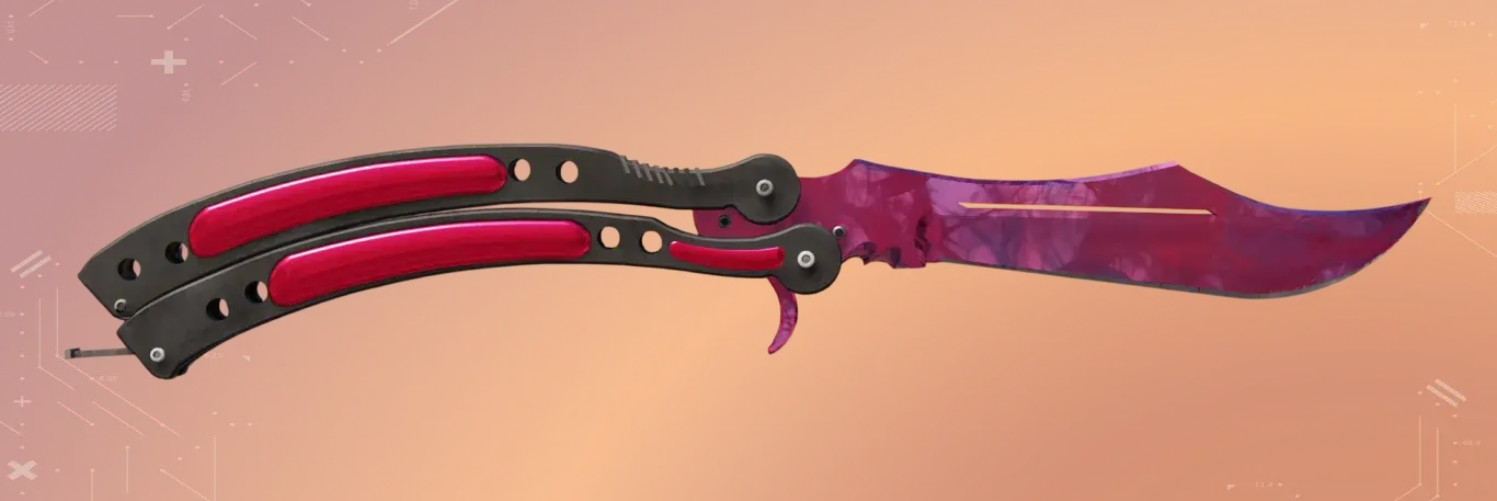 Butterfly Knife Doppler Phase 2 Factory New the rich magenta and deep purple swirls that glow under CS2's lighting. last one in most expensive CS2 knives list. Backgrounded by orange color.