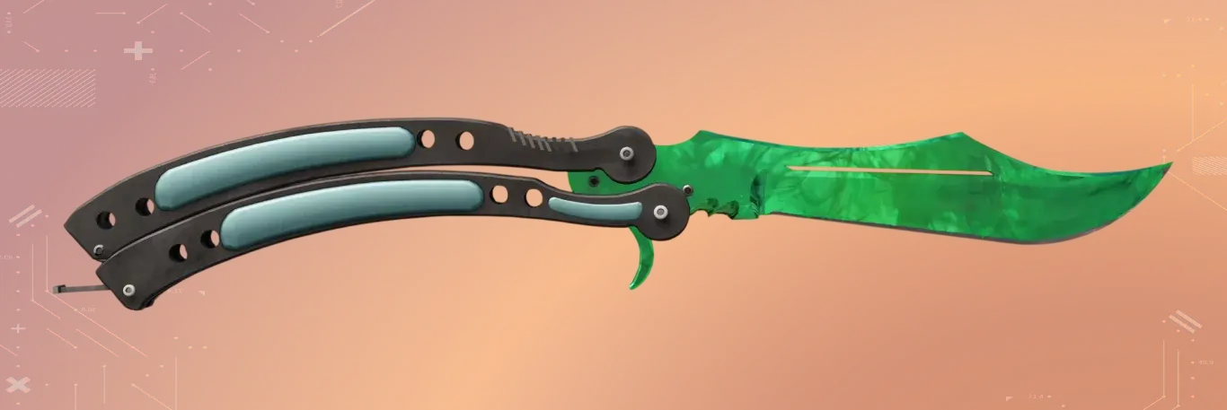 Butterfly Knife Gamma Doppler Emerald Factory New most expensive butterfly knives in CS2, with a metallic green finish that pops in any lighting. Backgrounded by Orange color.