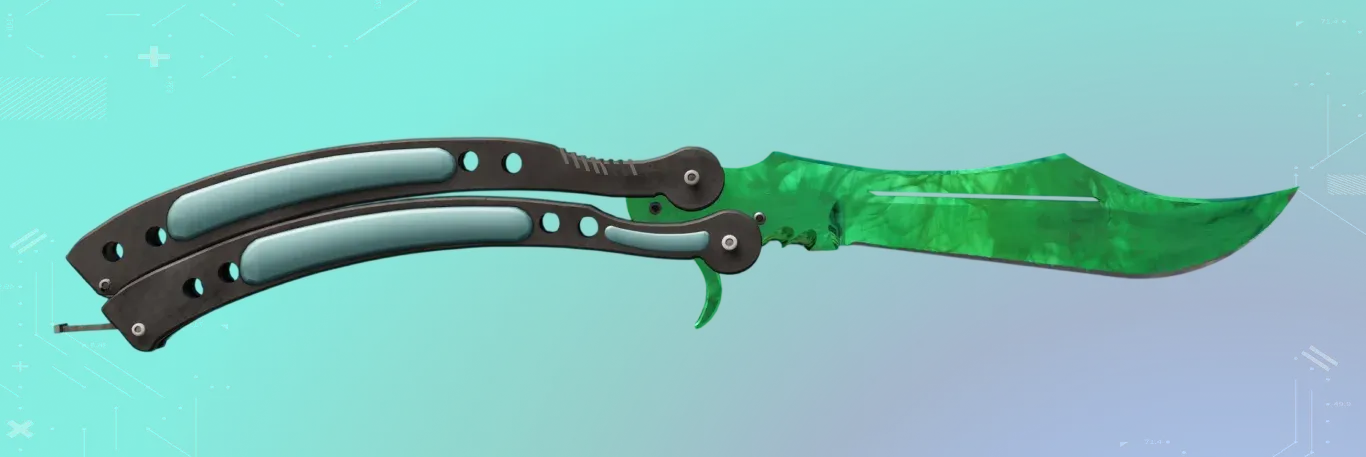 Butterfly Knife | Gamma Doppler Emerald on a teal-to-lavender gradient background, showing the knife's marbled green blade finish