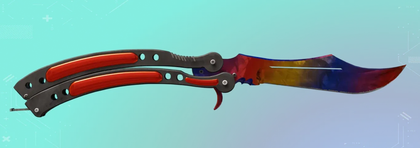 Butterfly Knife | Marble Fade on a teal-to-lavender gradient background