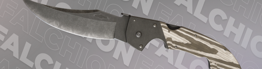 Falchion Knife | Black Laminate with the curved blade open, paired with a cream and black striped laminate handle.