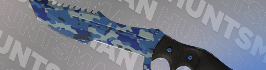 Huntsman Knife | Bright Water with a blue and navy camo blade and a plain black handle with blue screws.