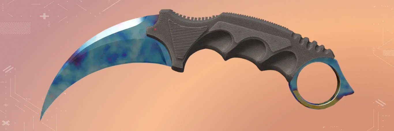 Karambit case hardened, the most expensive knife in CS2 history. Factory new blue gem pattern #387. Backgrounded by orange color.
