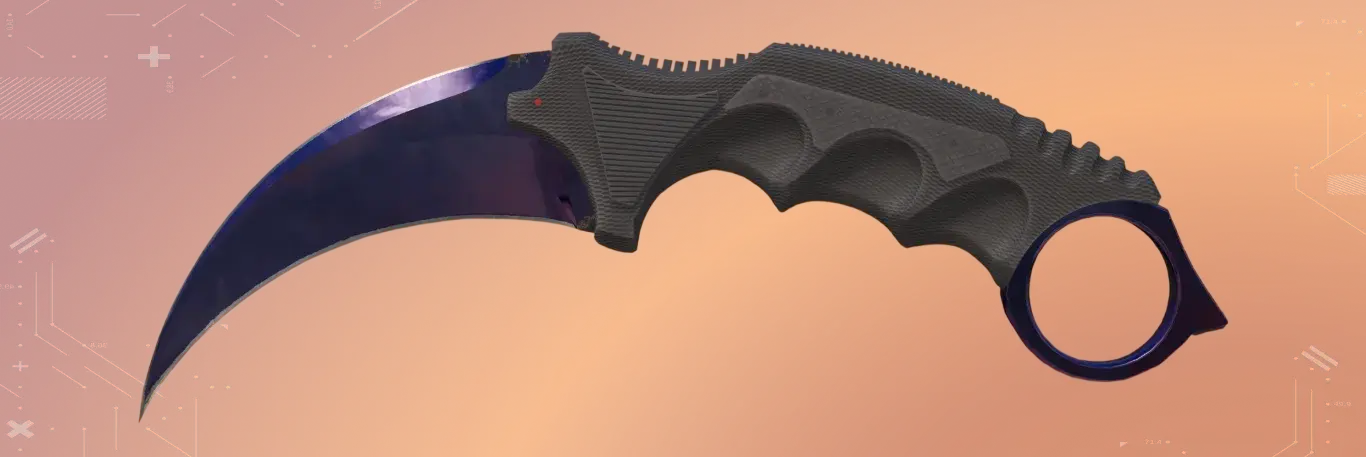 Karambit Doppler Black Pearl Factory most expensive karambit after Case hardened blue gem. look like a galaxy with deep, swirling purples. Backgrounded by orange color.