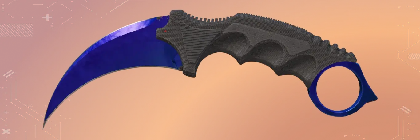 Karambit Doppler Sapphire Factory New The deep blue gemstone pattern CS2 one of the most expensive knife. Backgrounded by orange color.