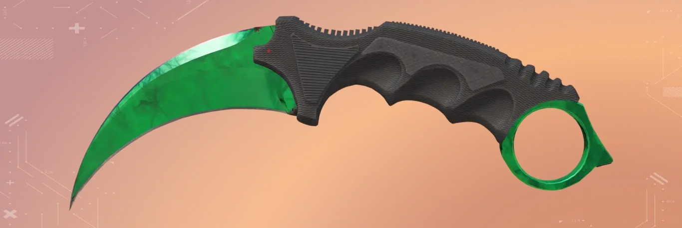 Karambit Gamma Doppler Emerald Factory New lists as one of the most expensive karambit in CS2.urved claw shaped blade gets a glowing green finish that makes it an instantly recognizable. Backgrounded by orange color.