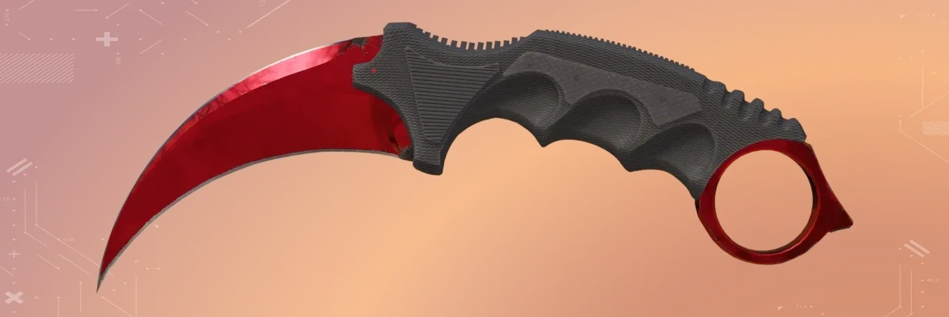 Karambit Doppler Ruby Minimal Wear priced 7400$ one of the most expensive knife in CS2 history. Backgrounded by orange color.