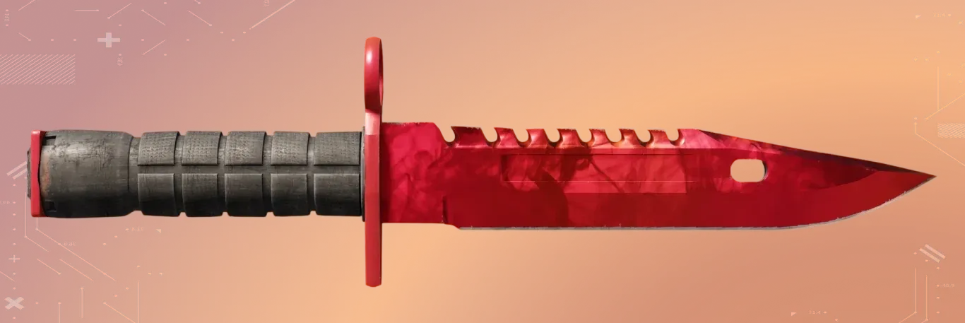 M9 Bayonet Doppler Ruby Factory New is the most expensive M9 bayonet knife in CS2. Showing off its bright red color, backgrounded by orange color.