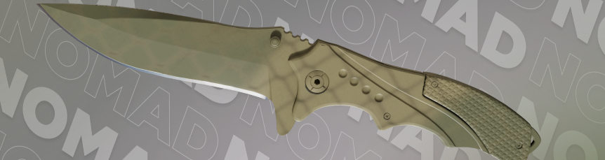 Nomad Knife | Safari Mesh in olive-green mesh camo, shown open with the textured handle scale visible.