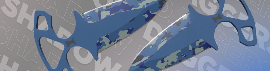 The cheapest CS2 Knife Shadow Daggers | Bright Water with blue and green water camo blades and solid blue handles.
