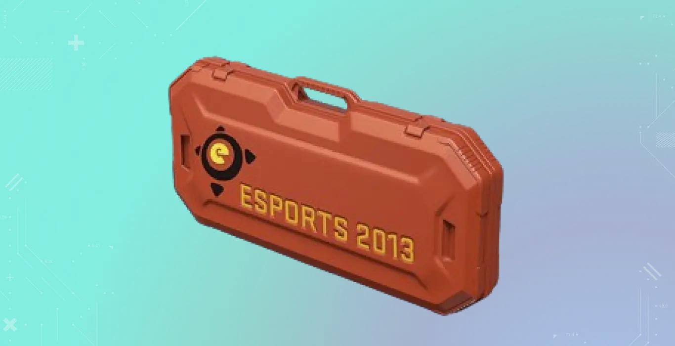 Image featuring a red eSports 2013 Case (2013) from CS2 on a cyan-blue background