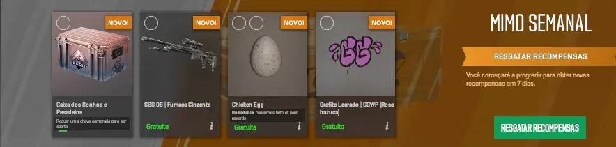 Counter-Strike 2 in-game Weekly Care Package menu showing four selectable reward options, including a weapon case, a sniper rifle skin, a chicken egg, and a graffiti spray.