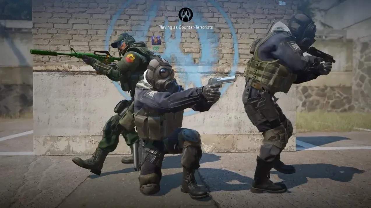 CS2 Rush Mode intro with Counter-Terrorist agents aiming weapons near a brick wall with a blue circular team logo painted on it.