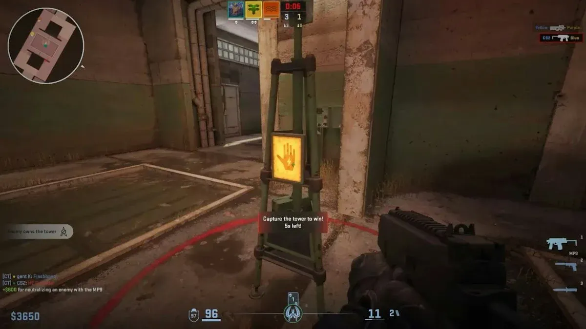 CS2 Rush mode first-person view of a player capturing an enemy-controlled tower with 5 seconds left, holding an MP9 in a warehouse arena.