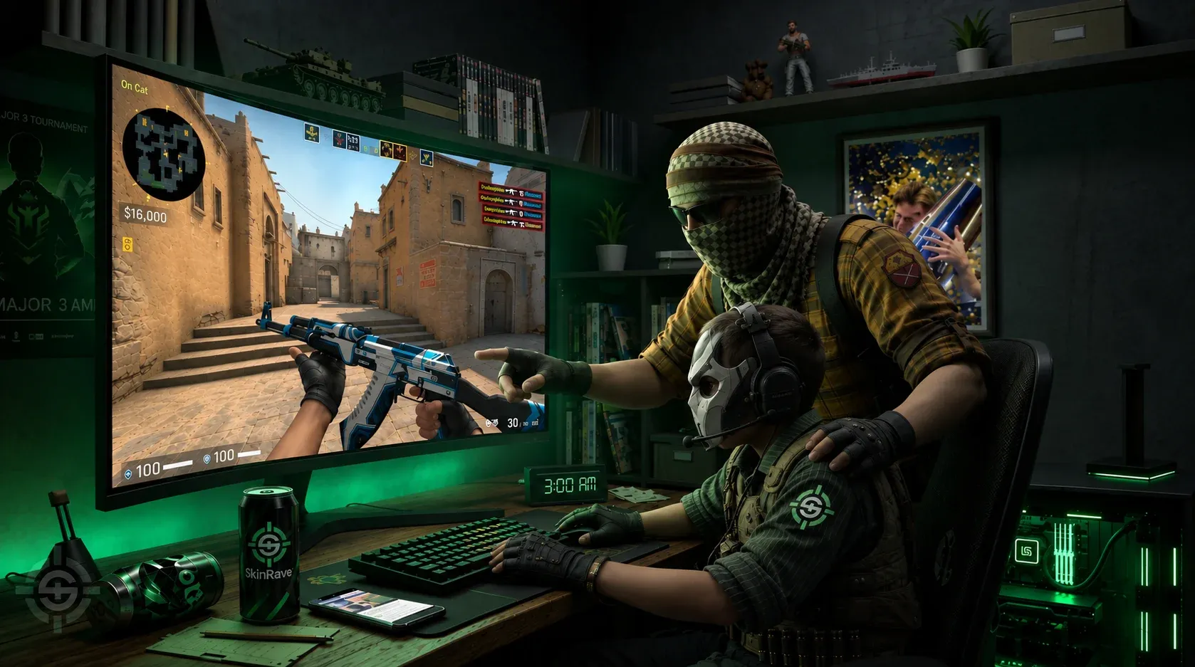 Two CS2 agents at a green-lit gaming setup, one pointing at a skinned AK-47 on screen while the other plays a Dust II match at 3:00 AM.